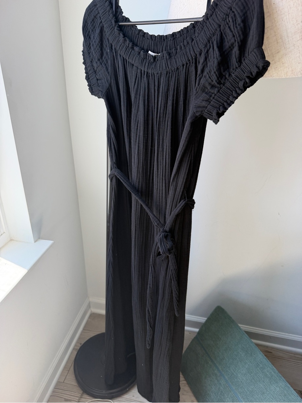 LOFT Black Smocked-Neck Maxi Dress with Waist Tie